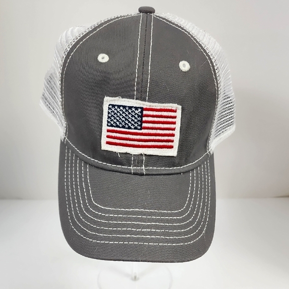 Gray White Trucker Polyester Cap American Flag Patch Adjustable Outdoor Hat - Picture 1 of 9